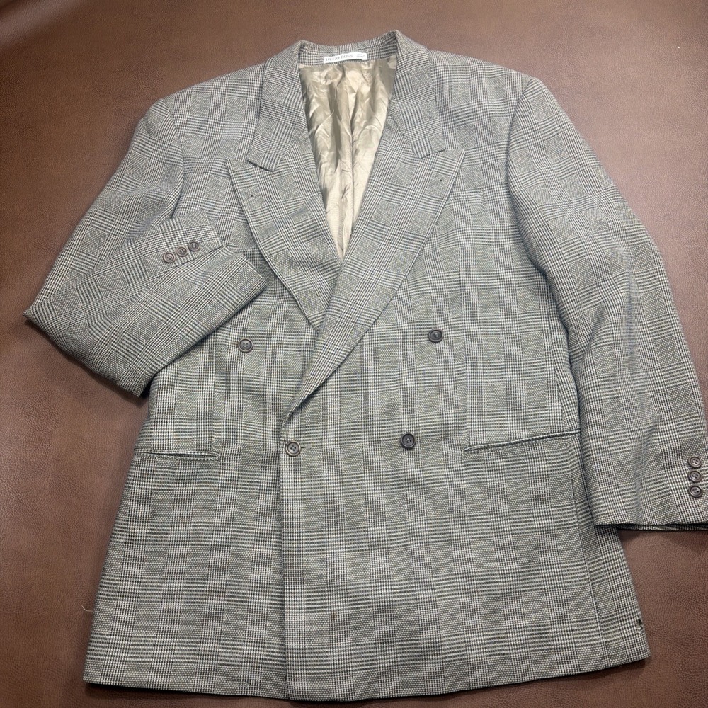 VTG 80s Hugo Boss DOUBLE BREASTED Blazer Sport Coat Jacket 44R Checked Flaws**
